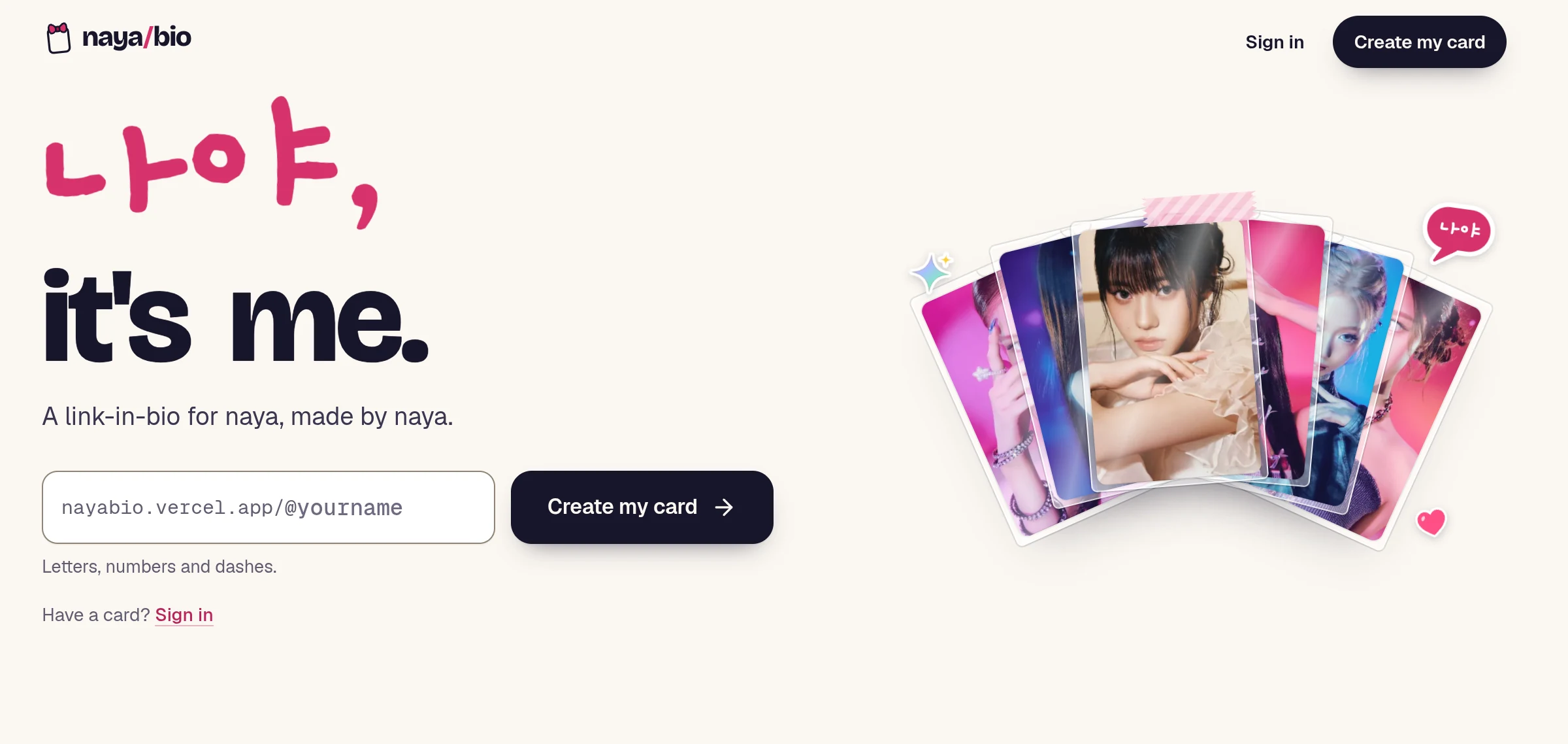 naya/bio landing page with a photocard fan and custom username input