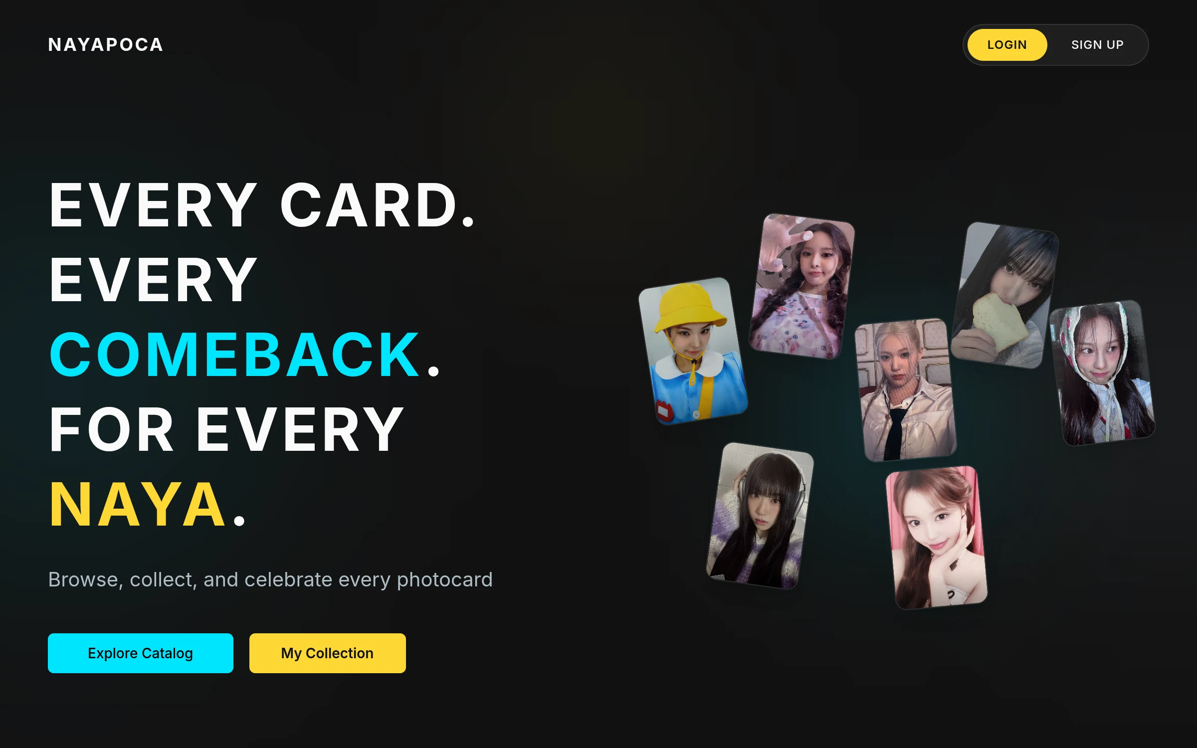 nayaPoca landing page with a colorful photocard arrangement and catalog and collection links