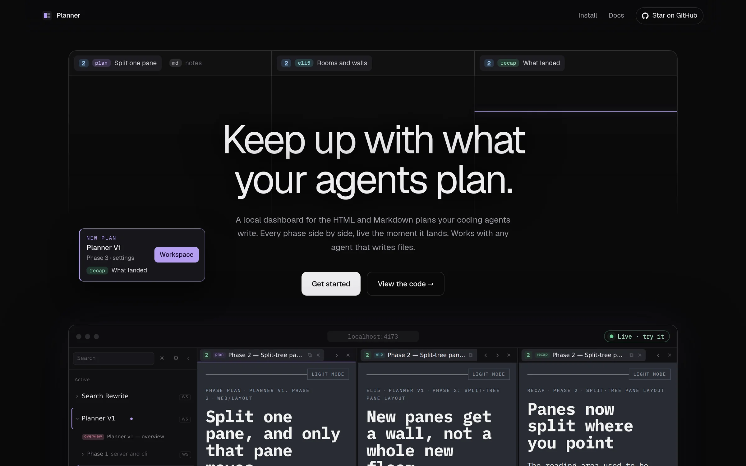 Planner landing page with the headline Keep up with what your agents plan, a new plan notification, and a live demo with three plans open side by side