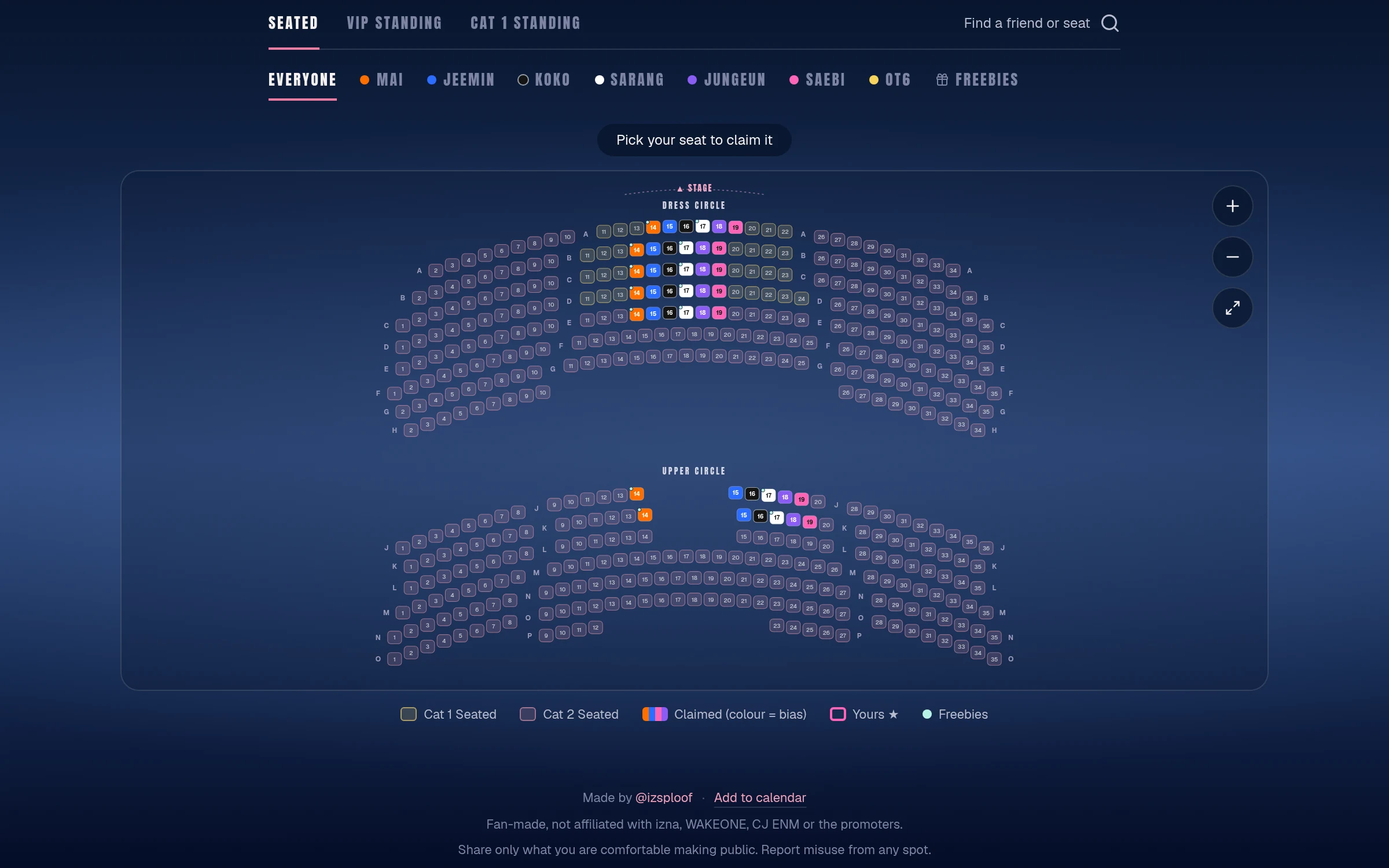 izna Seatmate Finder venue map with sample claimed seats, member colors, and freebie markers