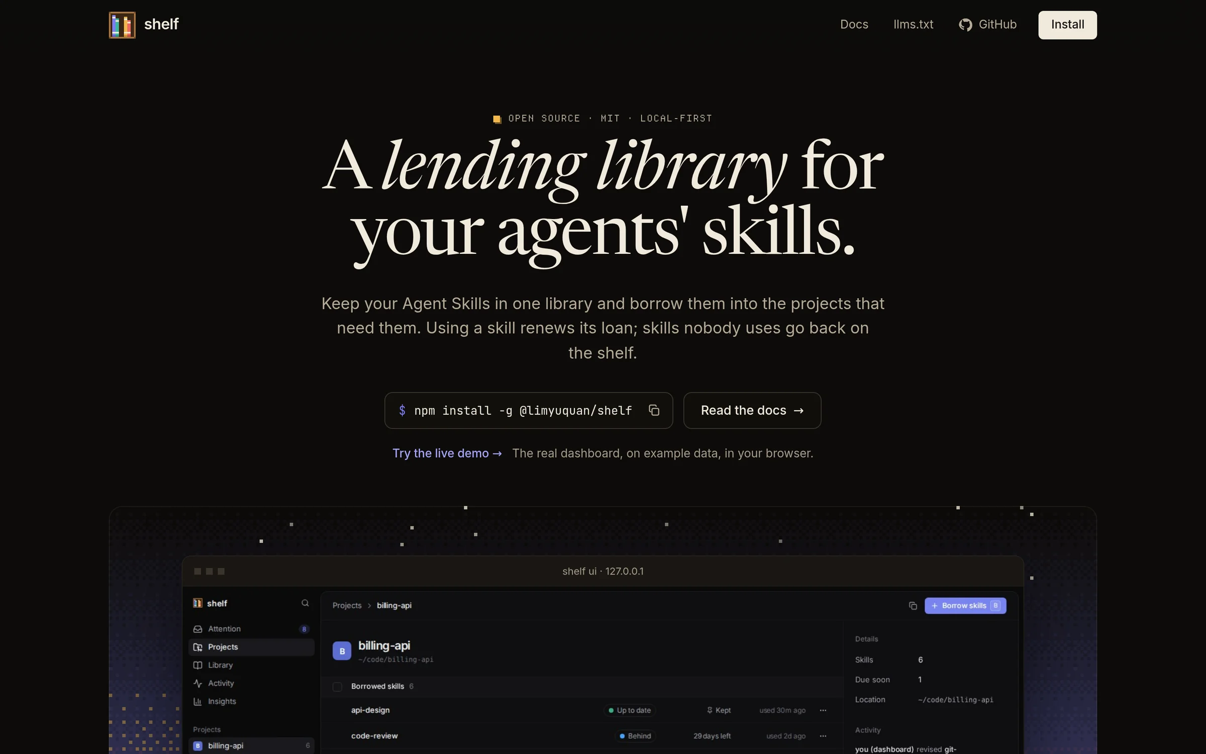 shelf landing page with the headline A lending library for your agents' skills, an npm install command, and a preview of the dashboard