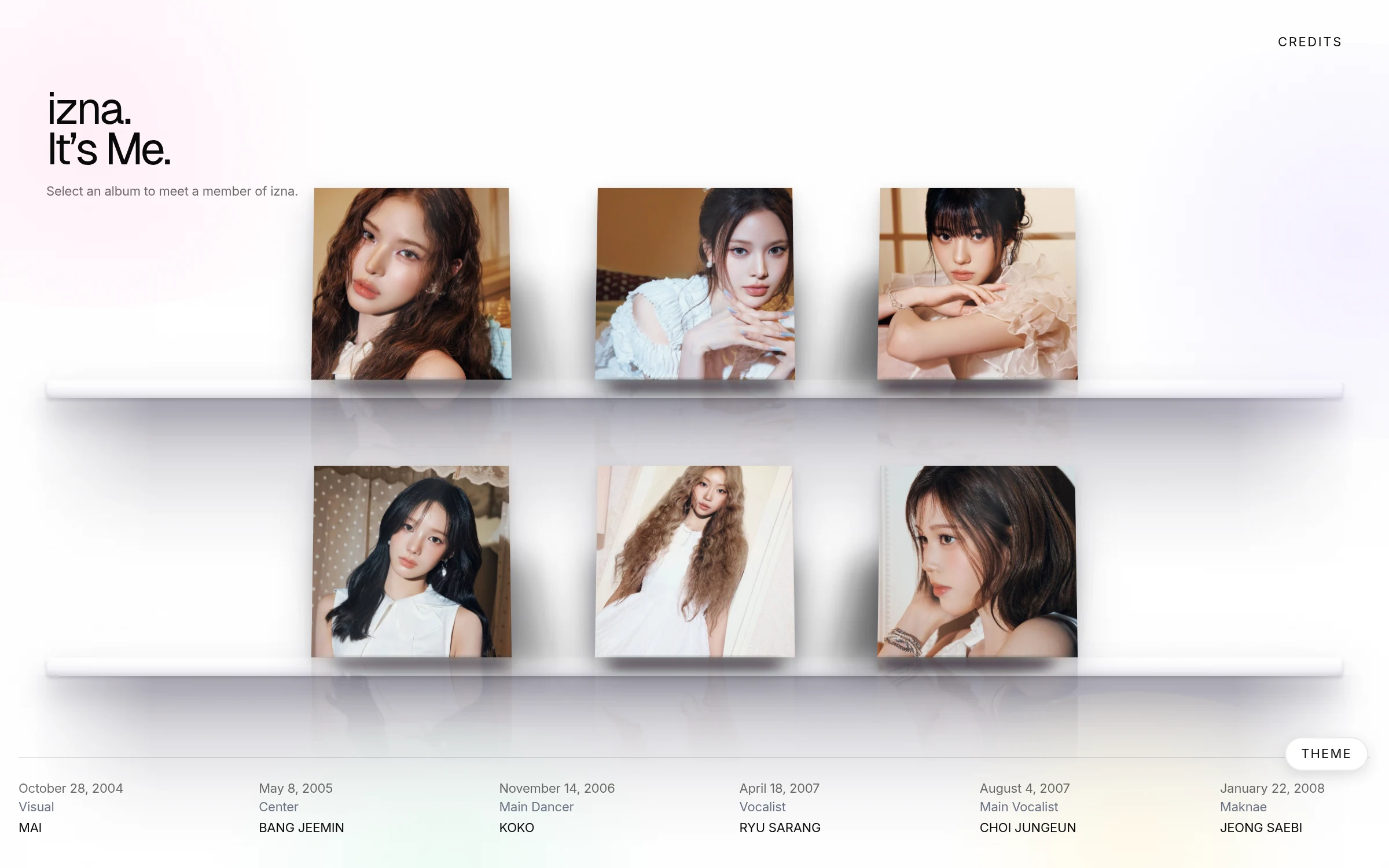 izna Showcase home page presenting six member photo albums on glass shelves
